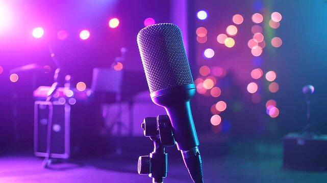 A minimalist yet striking composition of a microphone on a stand with colorful bokeh lights, evoking the lively spirit of a karaoke night or open mic event