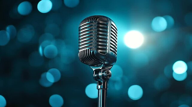 A dazzling spotlight shining on a microphone, surrounded by swirling bokeh light effects in shades of blue and silver, setting the scene for a glamorous singing contest