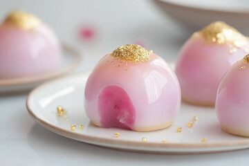 exquisite pink spherical desserts with golden sprinkles on a soft pink surface, showcasing sophistication and creativity in dessert presentation