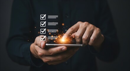 A person interacts with a smartphone, displaying checklists and glowing elements, symbolizing task completion and productivity.