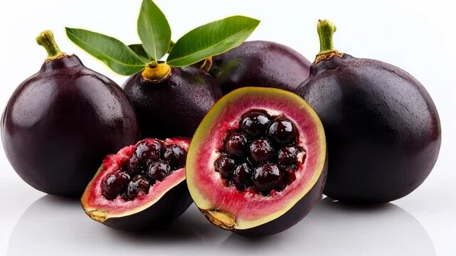 Fresh black sapote fruit arranged artistically with one fruit sliced open to reveal its rich, dark filling and vibrant color contrasts