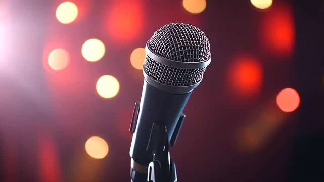 A bold poster-ready design showcasing a microphone in sharp focus, with a bokeh background of twinkling golden and red lights, perfect for promoting a comedy or karaoke show