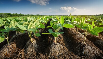 fresh green soybean plants with roots