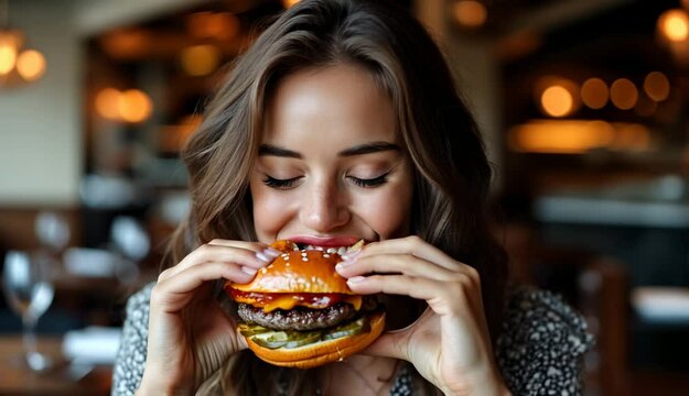 A woman with a delightful smile takes a big bite of a gourmet burger in a stylish restaurant. The ambiance is warm and inviting, perfect for enjoying delicious food and good company.