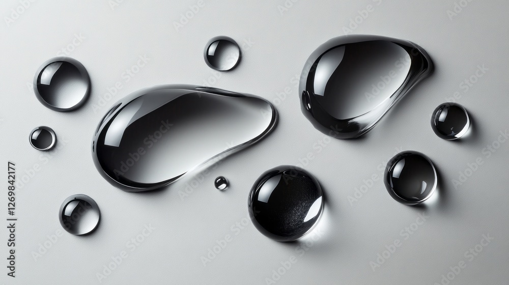 Poster water droplets rest delicately on a sleek surface, showcasing their unique shapes and shimmering ref