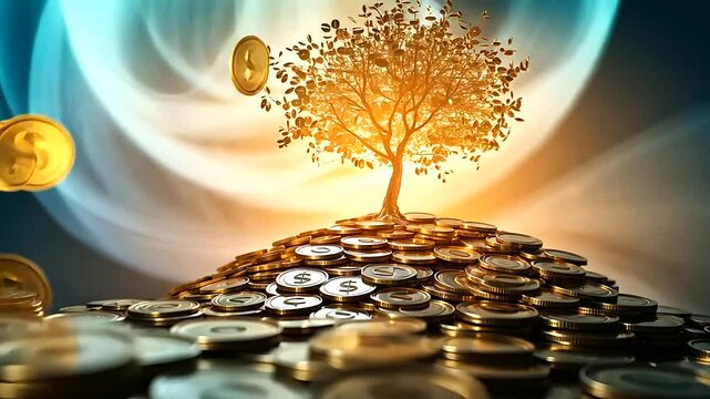 A flourishing tree standing on top of golden coin stacks, its leaves glowing against a vibrant, swirling background of warm oranges and cool blues symbolizing financial success