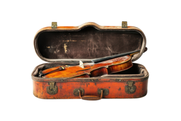 A beautifully aged violin resting in an antique case, highlighting craftsmanship and history isolated on transparent background