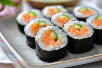 traditional sushi rolls with a twist nori wrapped sushi featuring fresh salmon and avocado,plated on a ceramic dish