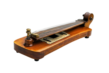 Intricate craftsmanship displayed in an antique musical tuning fork on a wooden base isolated on transparent background