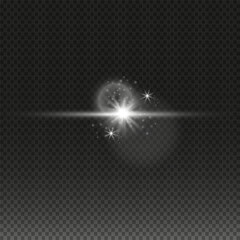 Bright light lens. Shiny star, glowing sparks on a tranparent background