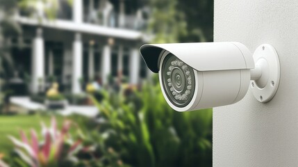 A security camera mounted on a wall overlooks a lush garden, enhancing surveillance and safety for the property.