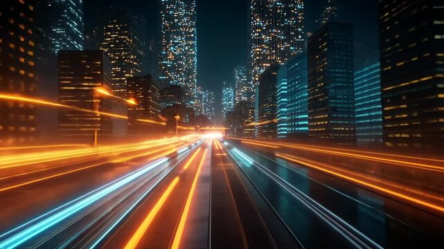 Night city highway speed light streaks