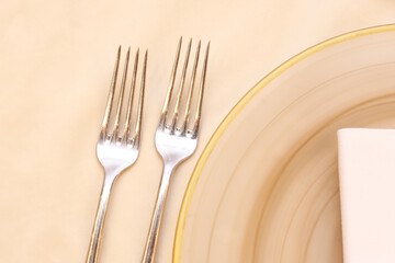 Silver cutlery background. Peach color creamy tablecloth with ceramic plate. Two forks elegant...