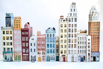 Fototapeta premium Colorful paper models of buildings on a white background