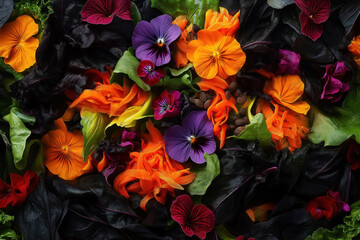 vibrant edible flower salad with a rich mix of colors and textures on a dark background, ideal for restaurant menus, healthy eating promotions, and culinary arts