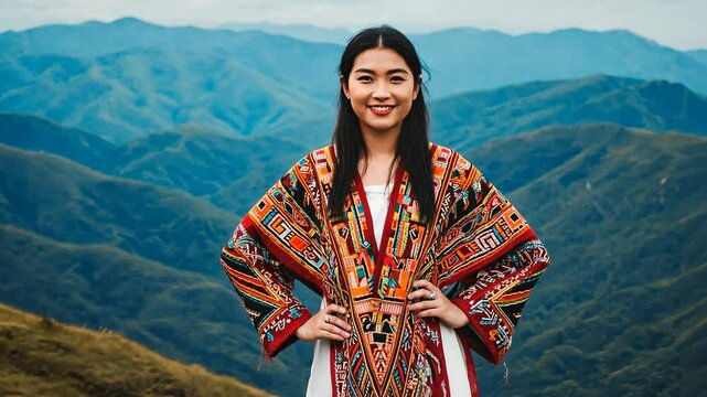 Young woman in the mountains, A smiling Māori iwi woman wearing a traditional korowai cloak stands on a lush green hill in New Zealand. 