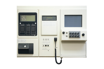 Obraz premium Artistic overview of a vintage control panel mounted on a white wall in a technology museum isolated on transparent background