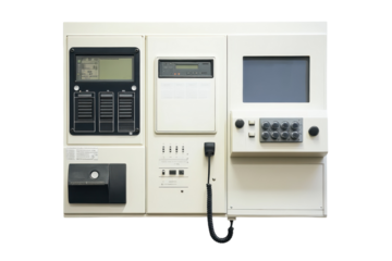 Artistic overview of a vintage control panel mounted on a white wall in a technology museum isolated on transparent background