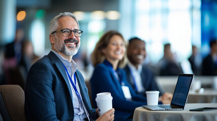 Colleagues networking at a modern conference center with smiles