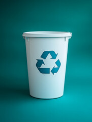Recycling bin with symbol on blue background.