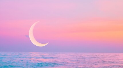 crescent over the ocean at sunset with a pink sky, suitable for editorial use, in a warm and cozy atmosphere, shot with soft natural lighting
