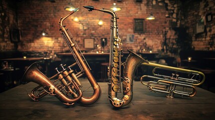 Vintage saxophone trumpet and trombone arranged in a jazz club setting with moody lighting and brick walls