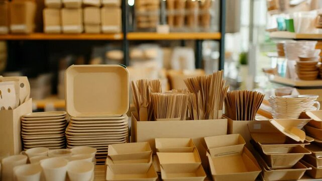 A warehouse showcasing a variety of biodegradable packaging products for food, including compostable trays, containers and paper wraps.