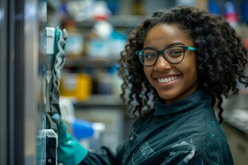 Young laughing professional cleaning service woman, wearing eyeglasses, cleaning refrigerator in kitchen.