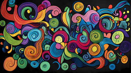 Fototapeta premium Colorful psychedelic swirls and patterns on a dark background, a vector illustration design with colorful swirling lines