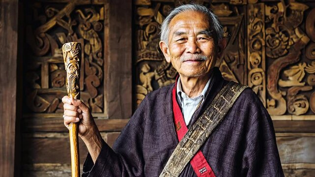 A Ngāti Maru elder smiles while holding a carved tokotoko, standing in front of a meeting house. Shadows from the intricate carvings create depth, adding cultural and visual richness. Empty space for 
