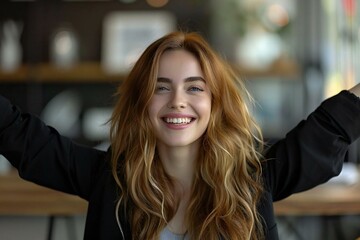 Fototapeta premium Young female manager with a laughing expression, sitting on chair, stretching her arms.