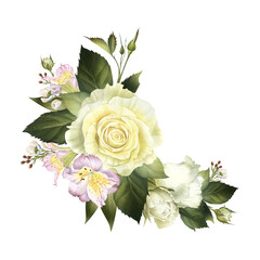 White roses with pink alstroemeria watercolor illustration. Floral arrangement for wedding invitation. Funeral bouquet clip art in realistic style for catholic designs and save the date cards