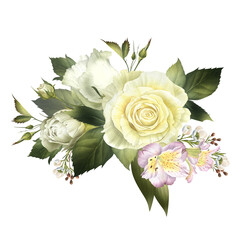 White roses with pink alstroemeria watercolor illustration. Floral arrangement for wedding invitation. Funeral bouquet clip art in realistic style for catholic designs and save the date cards