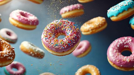 Pink donut falling, sprinkles, studio shot, food advertising