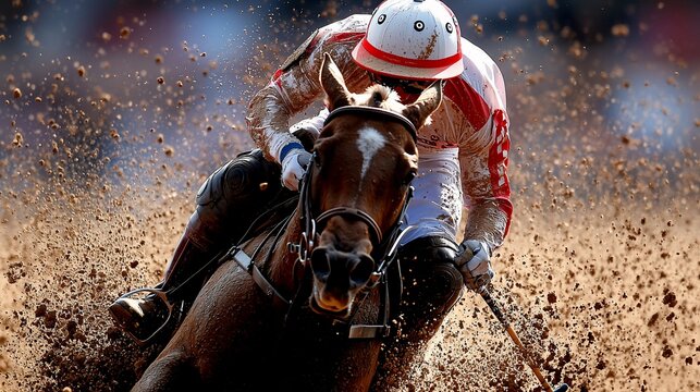 Jockey and horse in intense race, dirt flying.