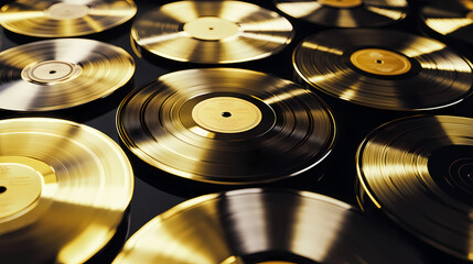Wall of golden music disc awards on a black background.
