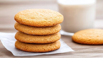 Stack of sugar cookies, milk, wood table. Food photography for recipe blogs