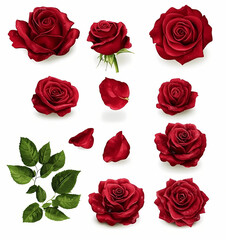 Watercolor red roses with leaves on a white background, vector illustration for a postcard or print