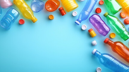 Naklejka premium Recyclable plastic bottles and caps arranged creatively on a vibrant blue background for environmental awareness