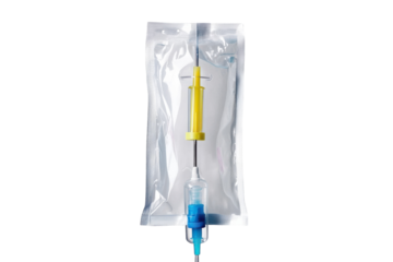 A close-up view of a medical IV setup featuring a syringe and saline bag against a bright background isolated on transparent background
