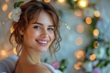 Fototapeta premium Beautiful young woman with laughing expression enjoying hot stone therapy at spa salon.