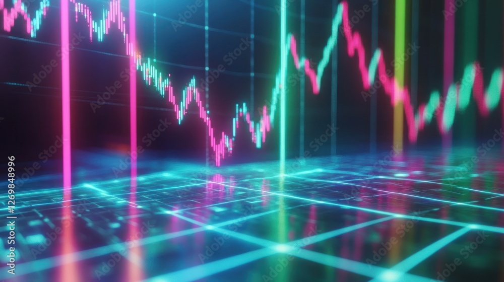 Poster abstract financial graph chart with grid line pattern and neon light