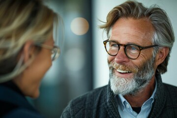 Mature businessman with a well-groomed beard and eyeglasses laughing at the hiring interview in the office.