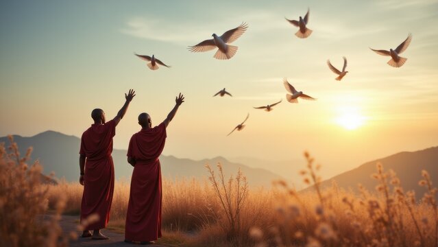 Soft wings grace buddhist ceremonies, carrying peace in a ritual of commemoration