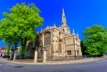 Bedford. UK: Street view of St. Paul's Church, a thriving parish church set in the heart of the busy market and county town