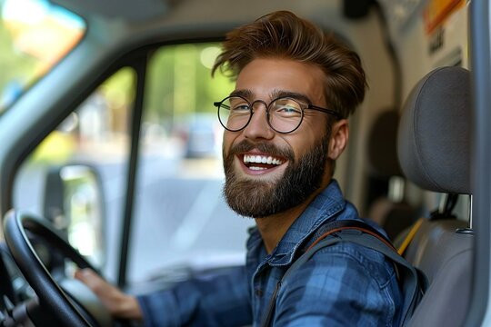 Young delivery man with a well-groomed beard, some wearing eyeglasses, laughing while driving a service delivery van.
