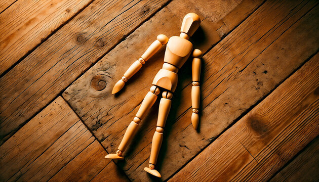 Gestalta figurine lying on the wooden floor.  Illustration of the human condition after a party, copy space