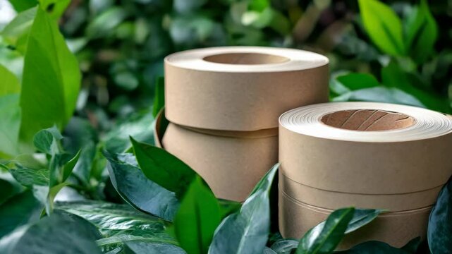 A close-up of recyclable paper tape lying among green plants. Biodegradable packaging solutions for e-commerce.