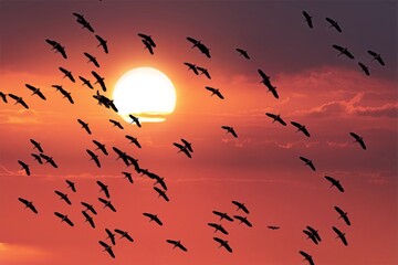 birds flying in the sunset