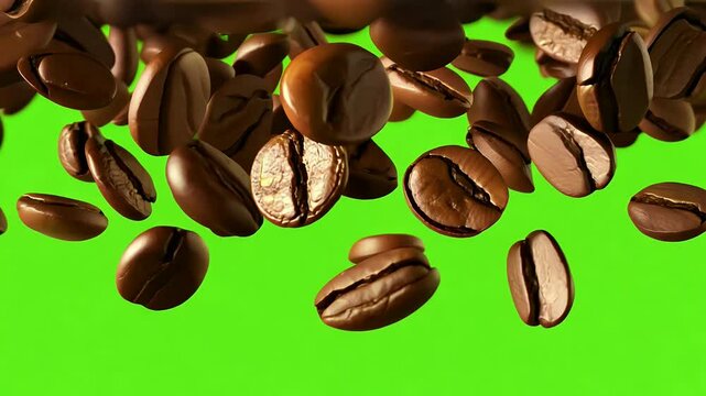 A visually appealing abstract animation featuring roasted coffee beans gracefully falling filling screen creating seamless transition presented close slow motion green screen alpha matte rendered 4K 